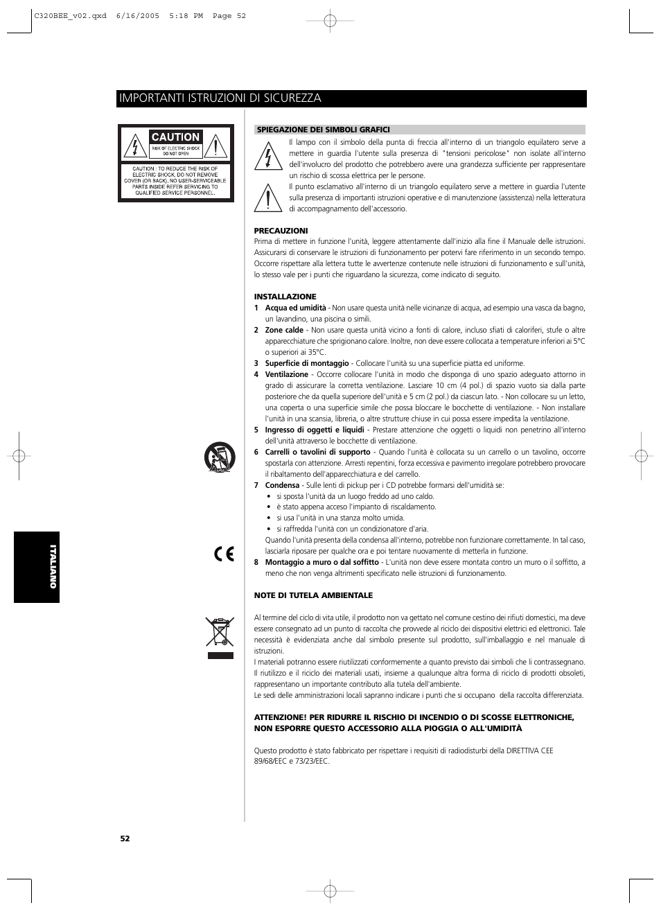 Importanti istruzioni di sicurezza | NAD C 320BEE User Manual | Page 52 / 78