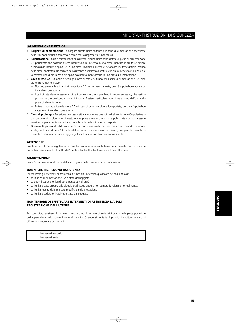 Importanti istruzioni di sicurezza | NAD C 320BEE User Manual | Page 53 / 78