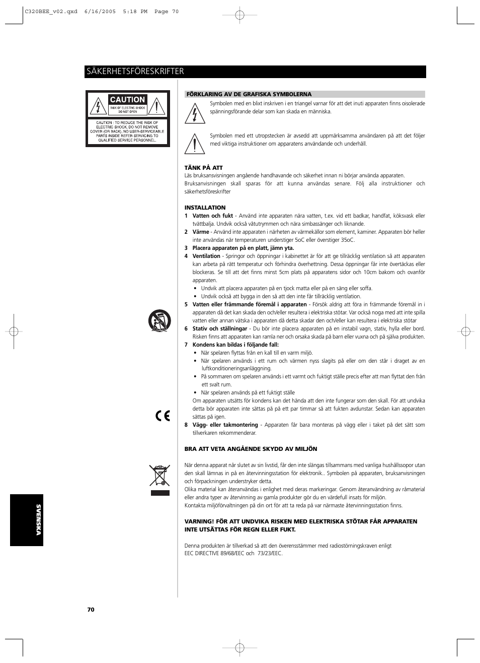 Säkerhetsföreskrifter | NAD C 320BEE User Manual | Page 70 / 78