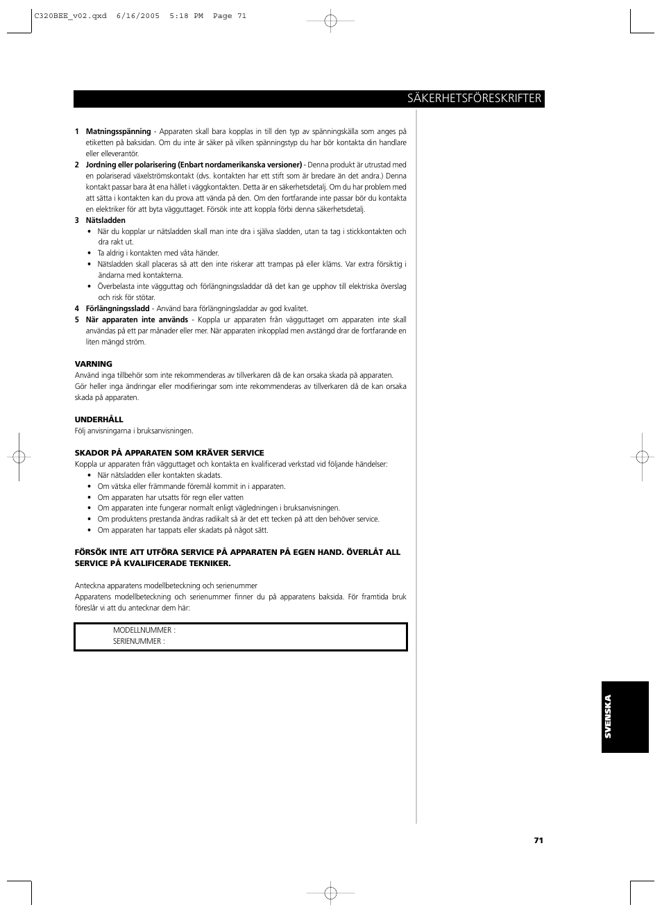Säkerhetsföreskrifter | NAD C 320BEE User Manual | Page 71 / 78