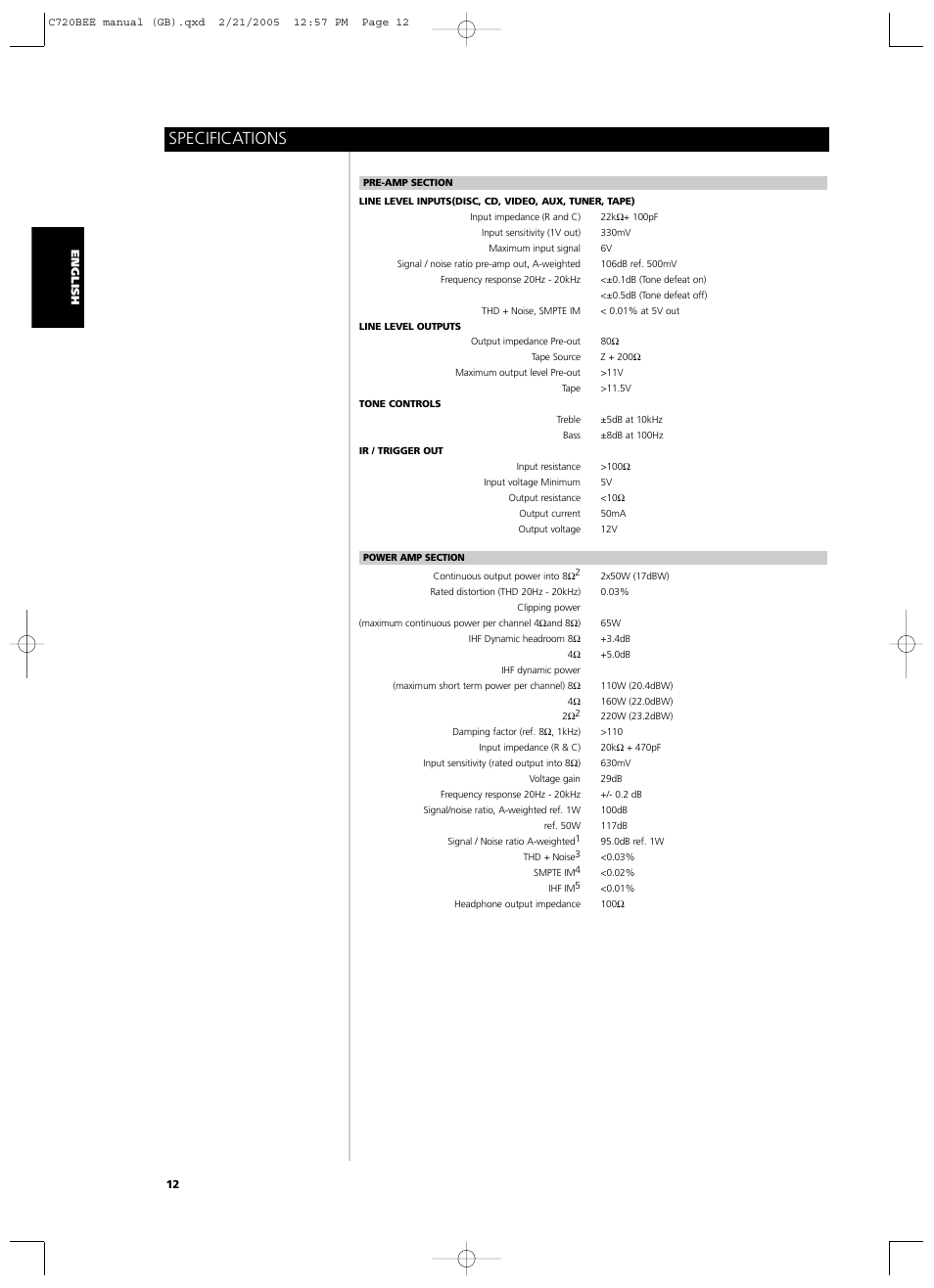 Specifications | NAD C720BEE User Manual | Page 12 / 15