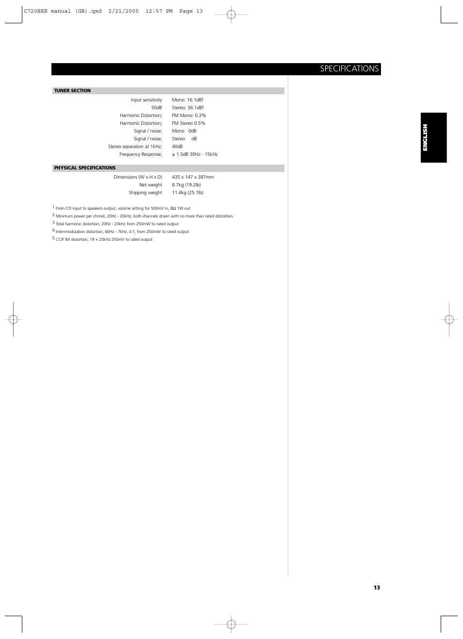 Specifications | NAD C720BEE User Manual | Page 13 / 15