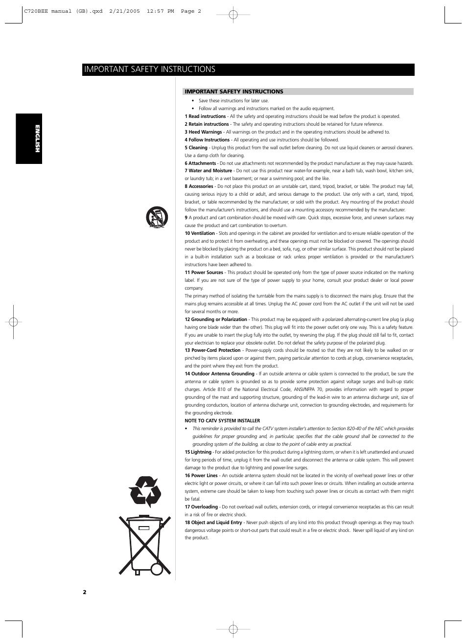 Important safety instructions | NAD C720BEE User Manual | Page 2 / 15