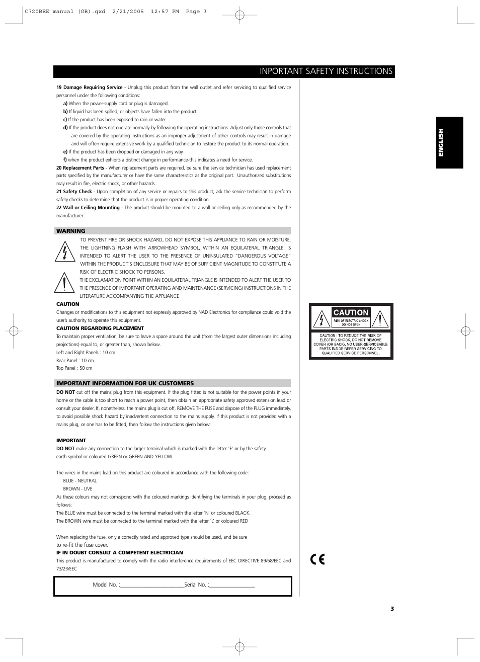 Inportant safety instructions | NAD C720BEE User Manual | Page 3 / 15