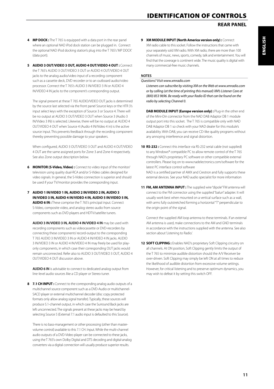 Identification of controls, Rear panel | NAD T 765 User Manual | Page 11 / 42