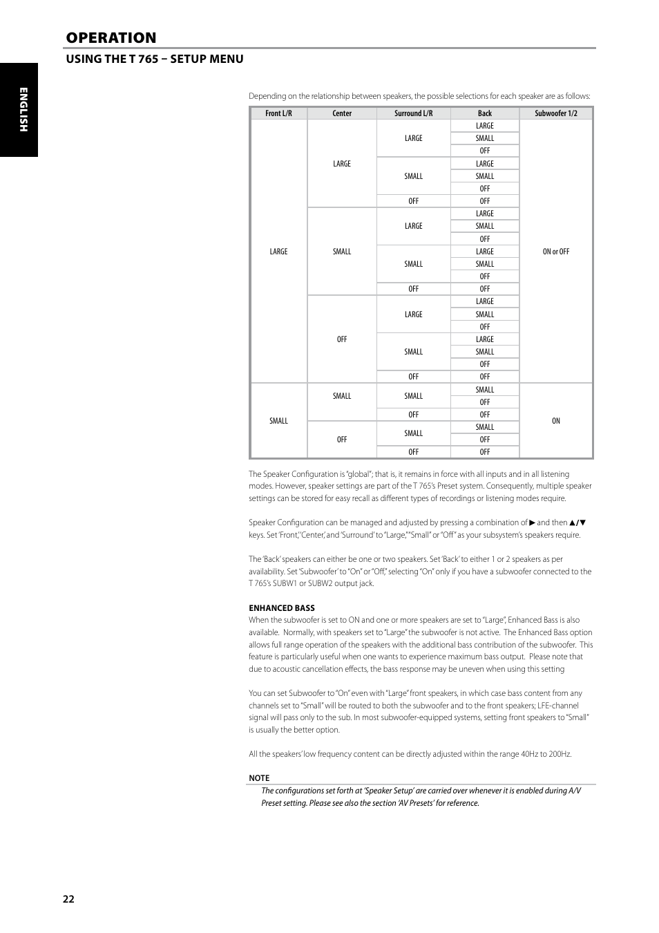 Operation, Using the t 765 – setup menu | NAD T 765 User Manual | Page 22 / 42