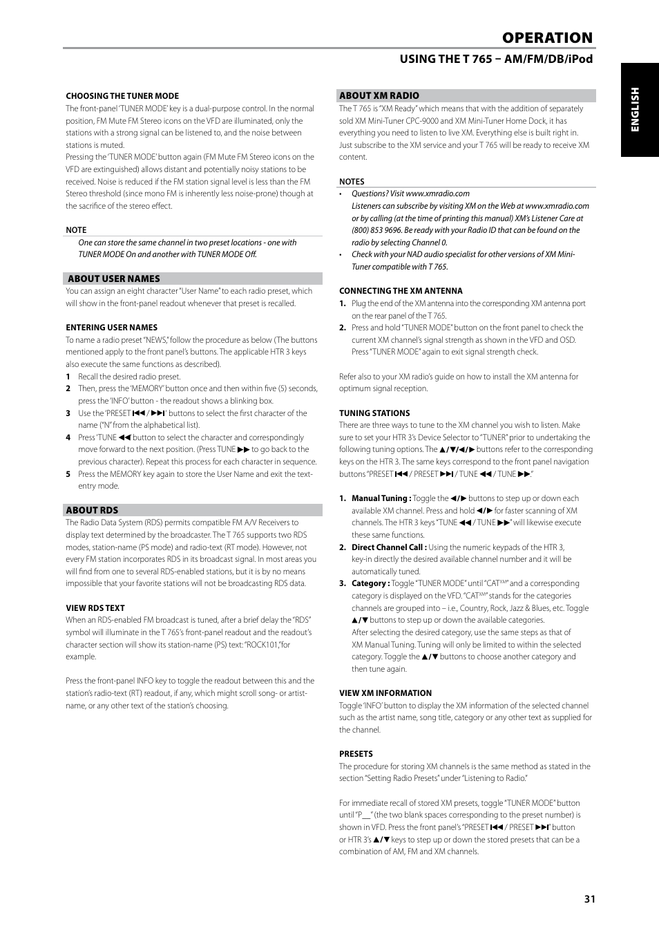 Operation, Using the t 765 – am/fm/db/ipod | NAD T 765 User Manual | Page 31 / 42