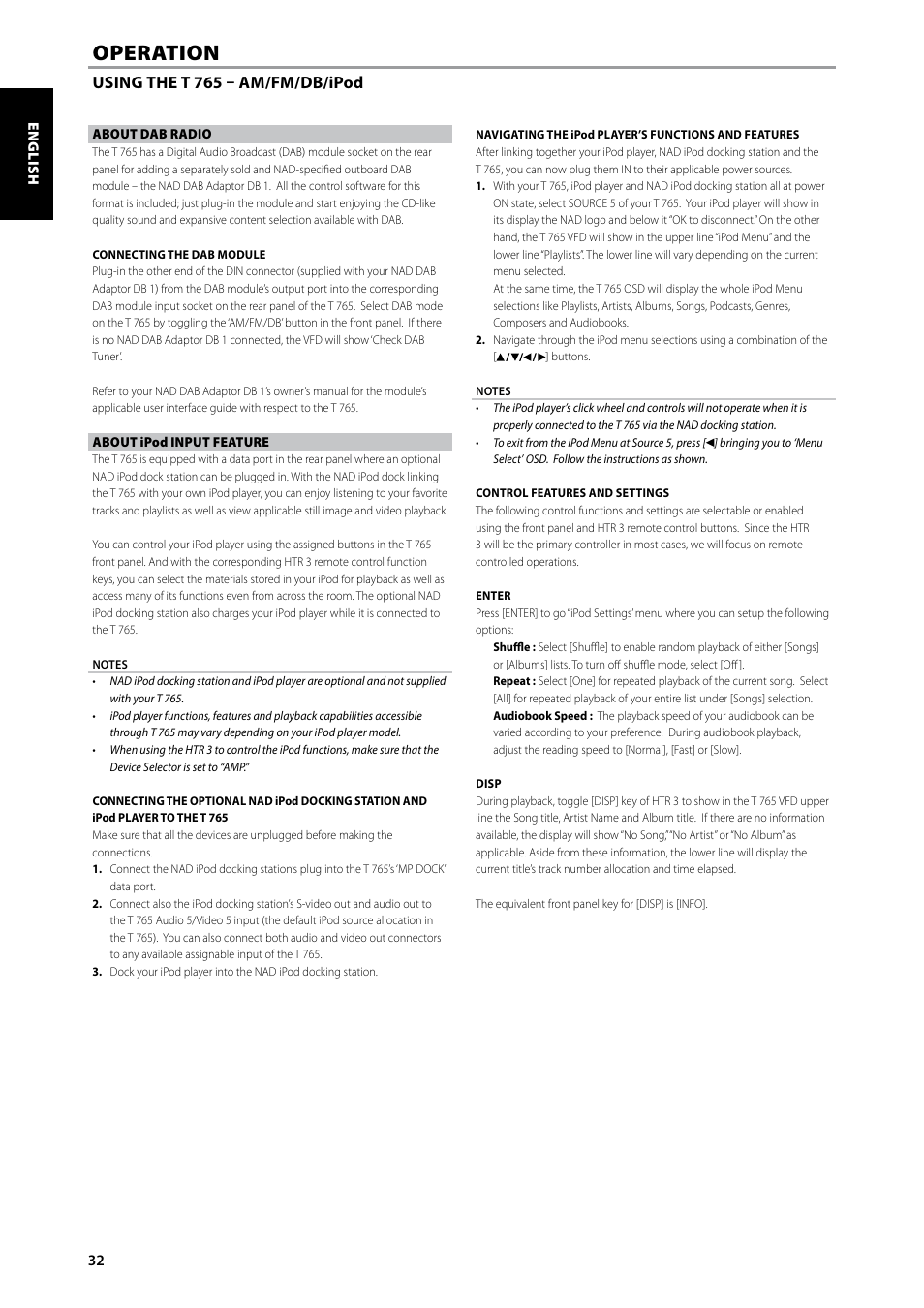 Operation | NAD T 765 User Manual | Page 32 / 42