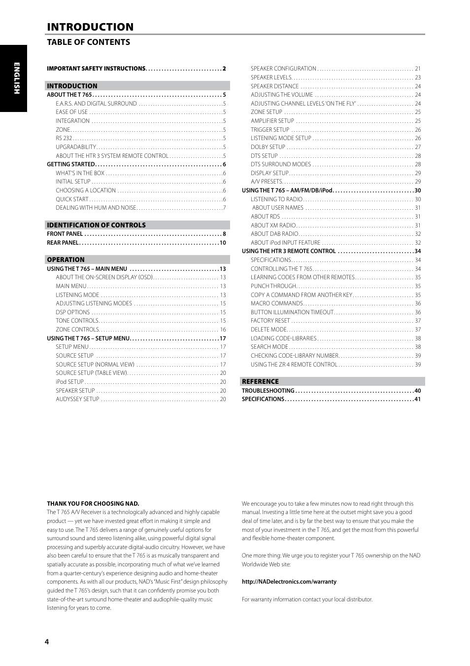 Introduction | NAD T 765 User Manual | Page 4 / 42