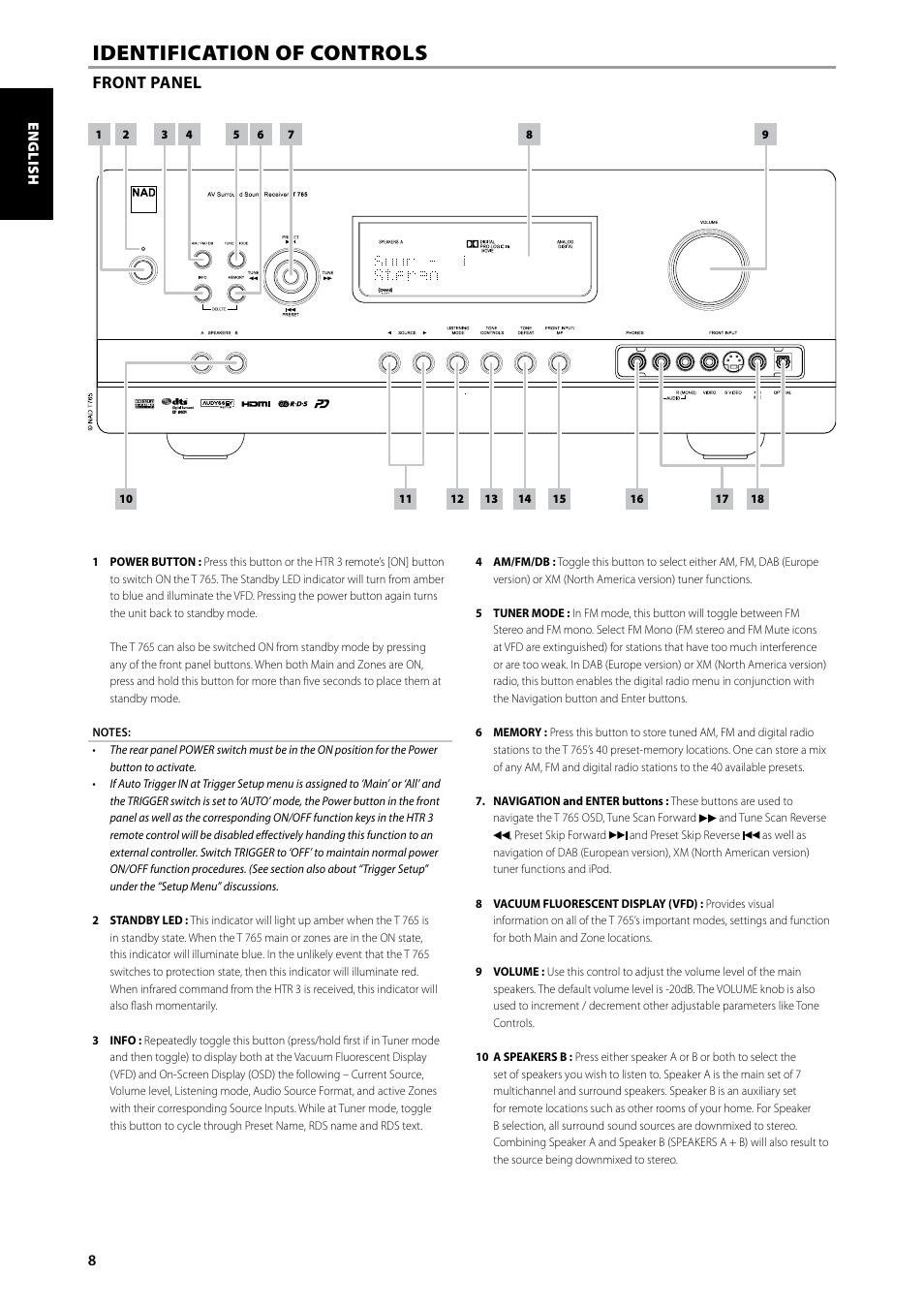 Identification of controls, Front panel | NAD T 765 User Manual | Page 8 / 42