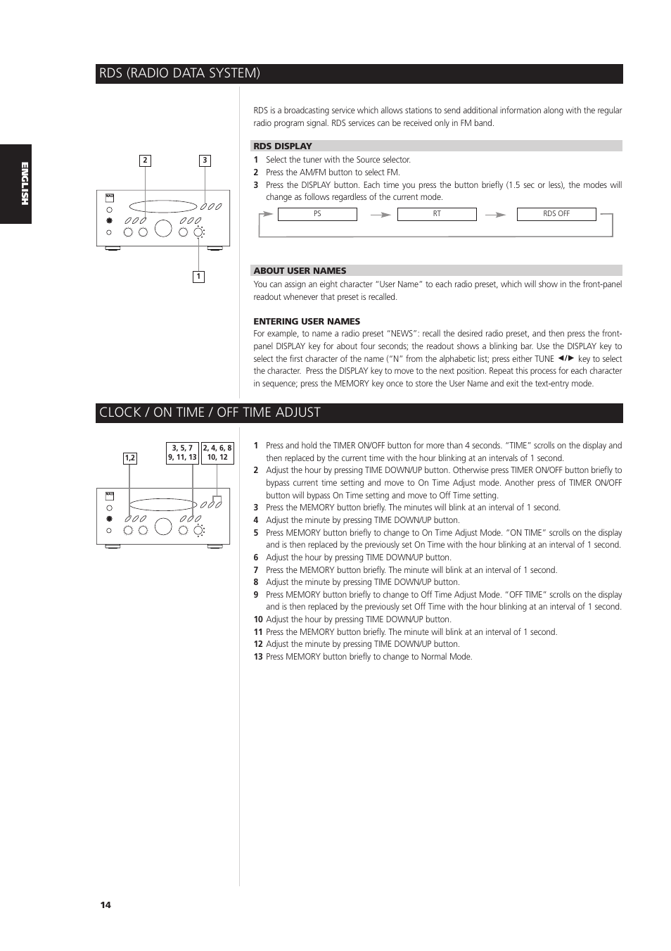 Rds (radio data system), Clock / on time / off time adjust | NAD L 76 User Manual | Page 14 / 32