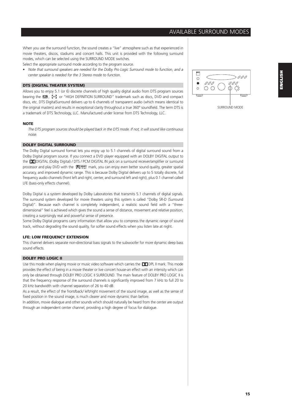 Available surround modes | NAD L 76 User Manual | Page 15 / 32