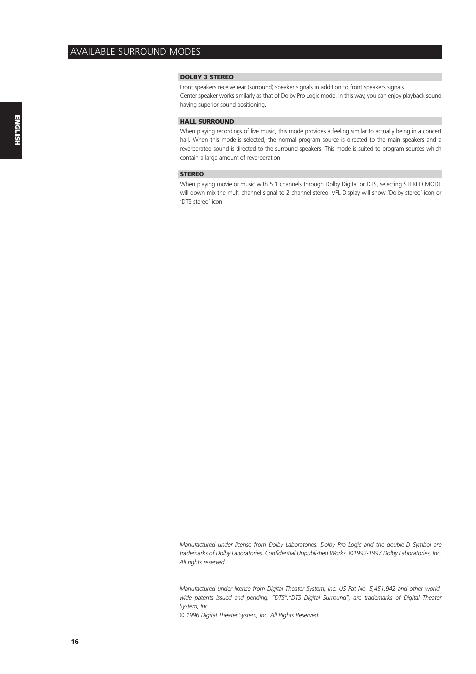 Available surround modes | NAD L 76 User Manual | Page 16 / 32