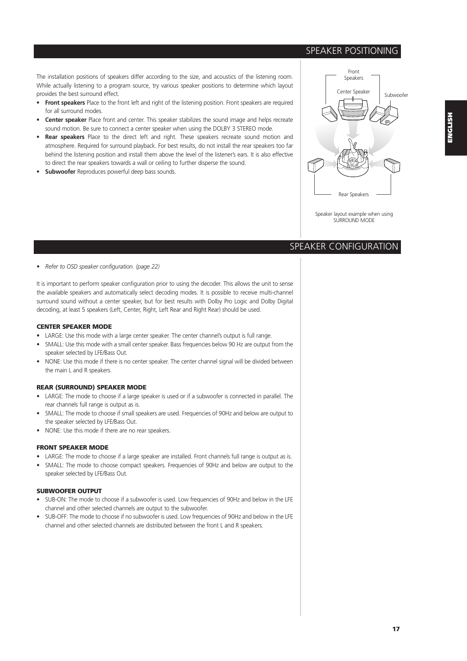 Speaker positioning, Speaker configuration | NAD L 76 User Manual | Page 17 / 32