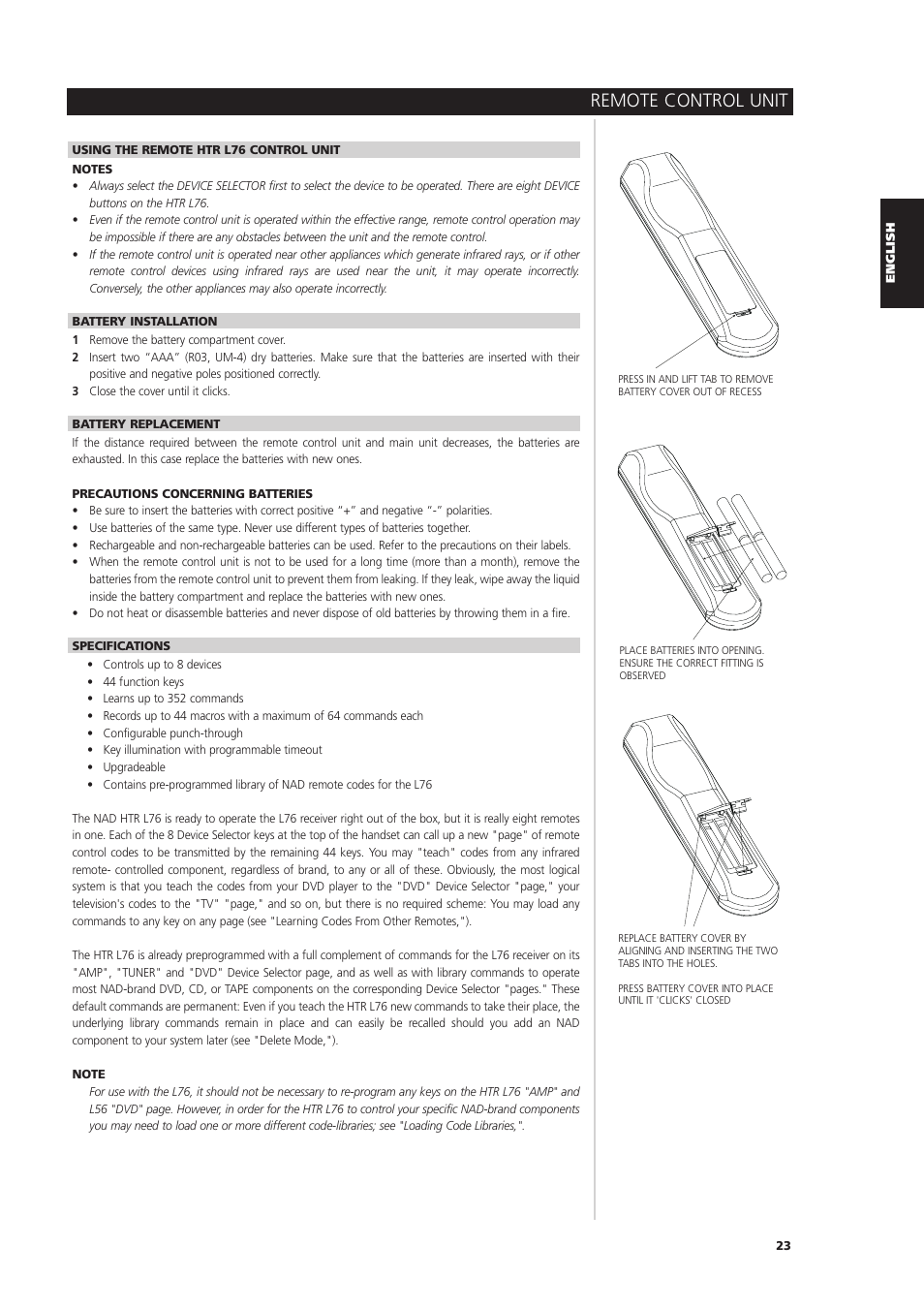 Remote control unit | NAD L 76 User Manual | Page 23 / 32