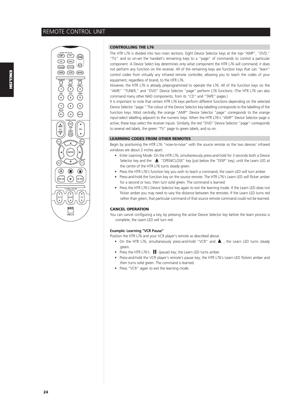 Remote control unit | NAD L 76 User Manual | Page 24 / 32