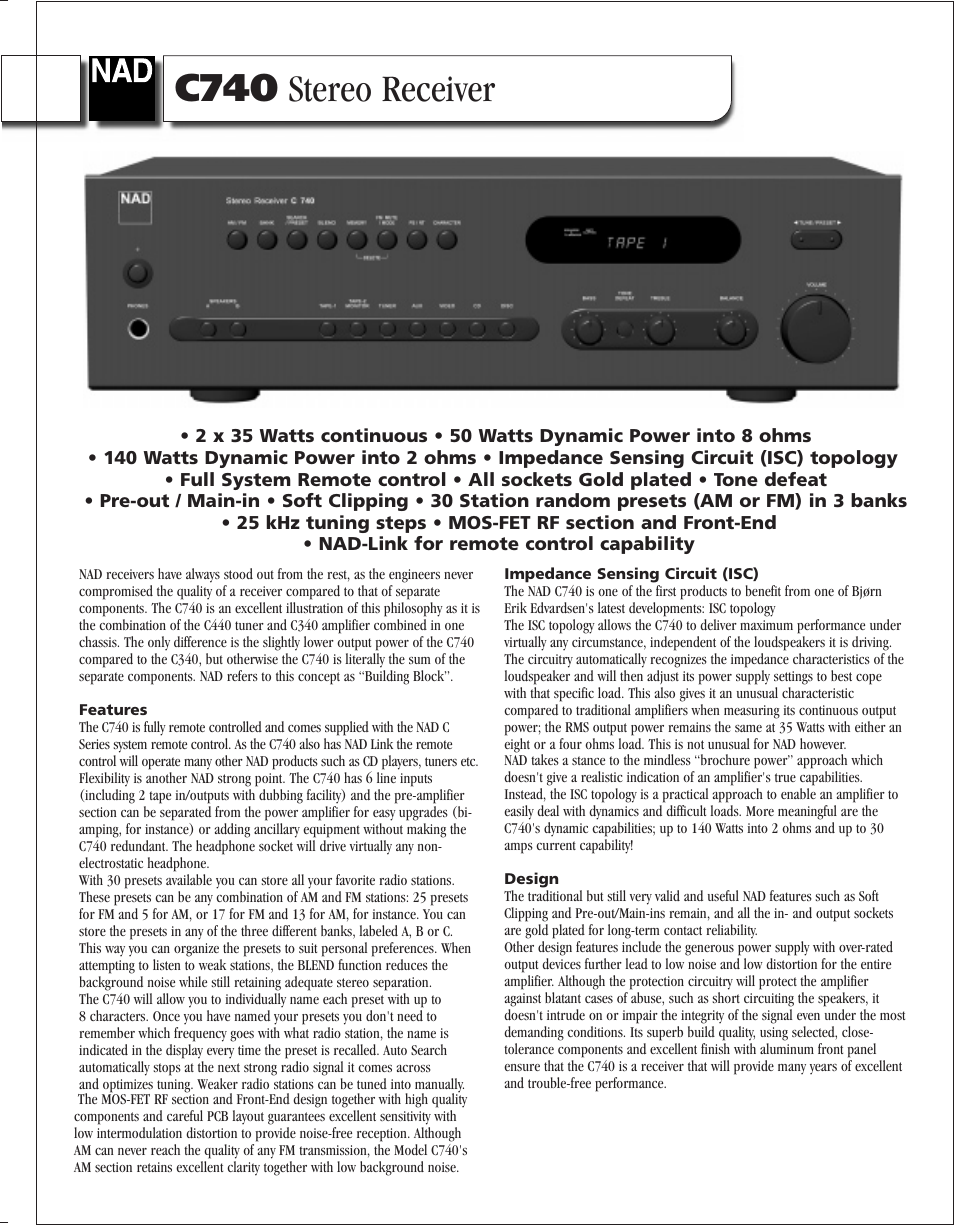 NAD C740 User Manual | 2 pages