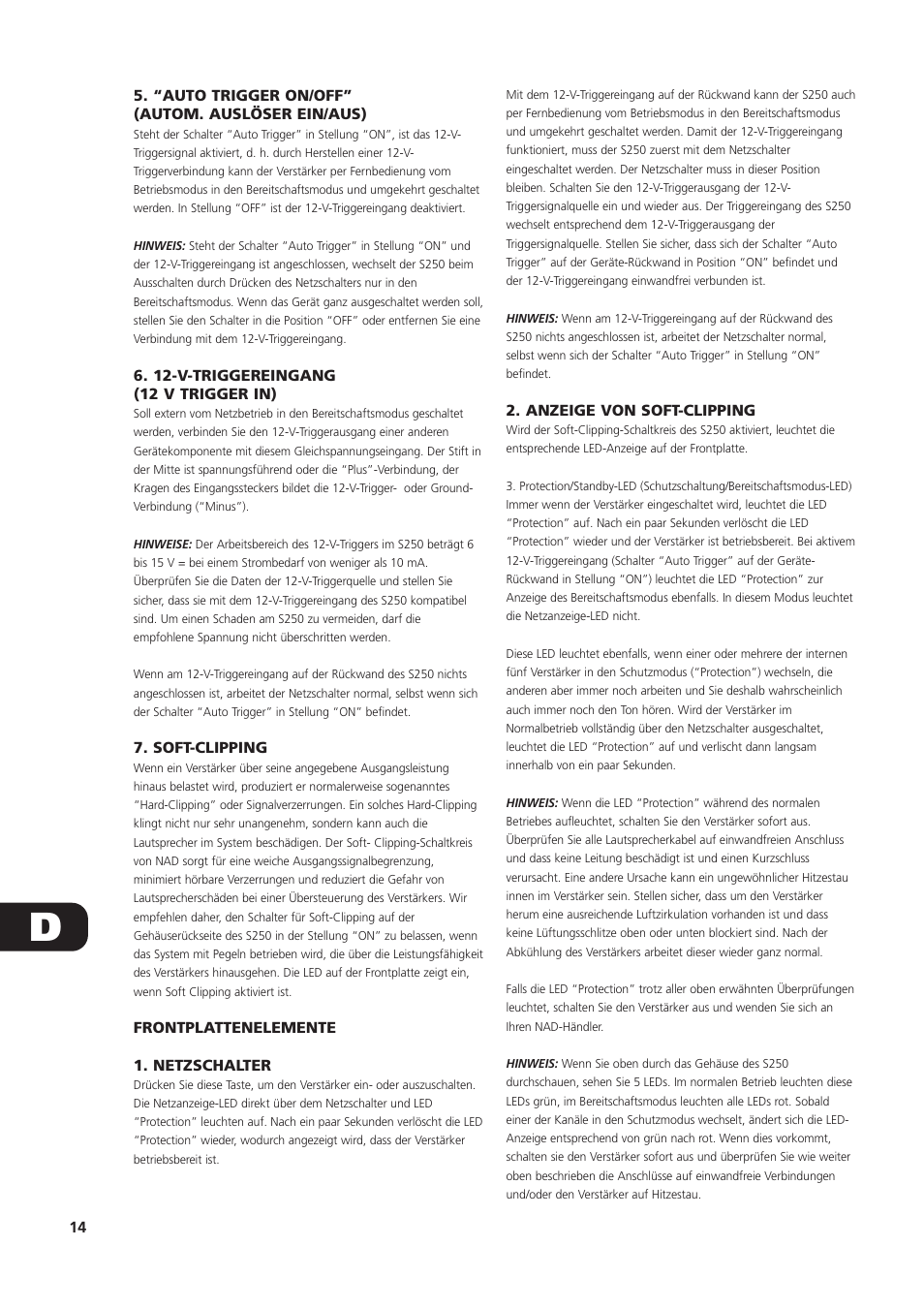 “auto trigger on/off” (autom. auslöser ein/aus), 12-v-triggereingang (12 v trigger in), Soft-clipping | Frontplattenelemente 1. netzschalter, Anzeige von soft-clipping | NAD S250 User Manual | Page 14 / 32