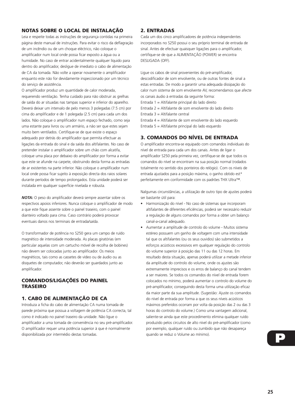 Notas sobre o local de instalação, Entradas, Comandos do nível de entrada | NAD S250 User Manual | Page 25 / 32