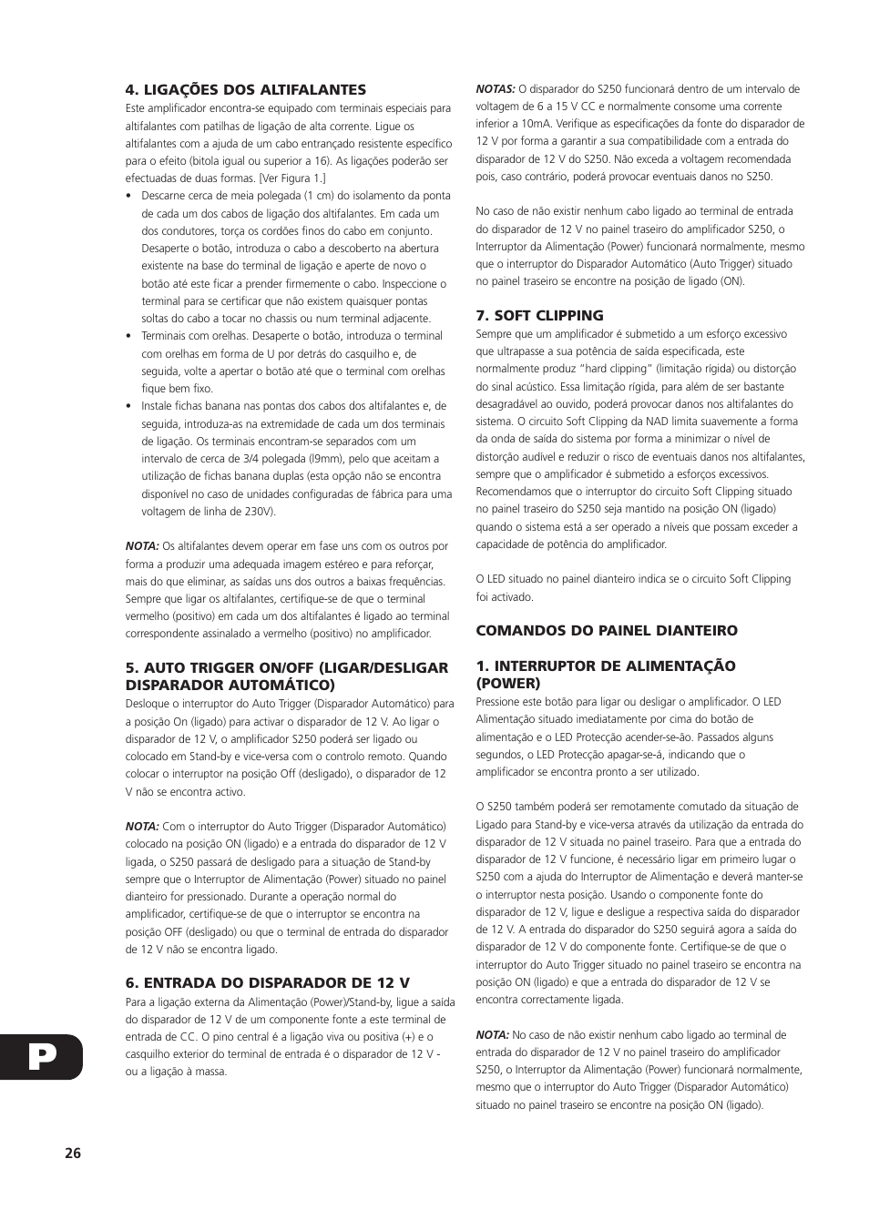 Ligações dos altifalantes, Entrada do disparador de 12 v, Soft clipping | NAD S250 User Manual | Page 26 / 32