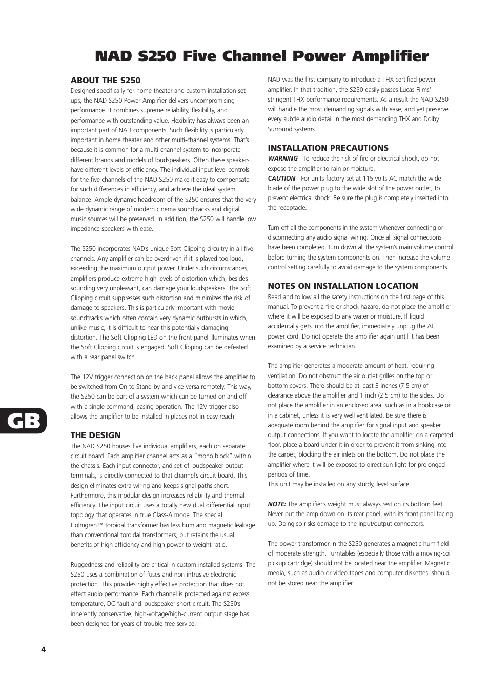 Nad s250 five channel power amplifier | NAD S250 User Manual | Page 4 / 32
