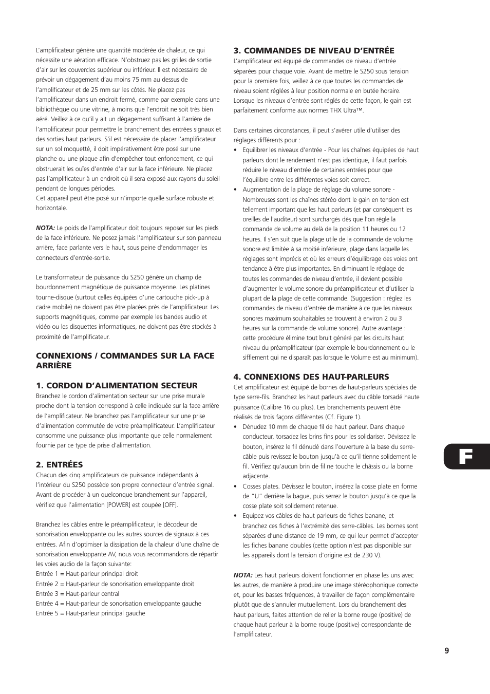 Entrées, Commandes de niveau d’entrée, Connexions des haut-parleurs | NAD S250 User Manual | Page 9 / 32
