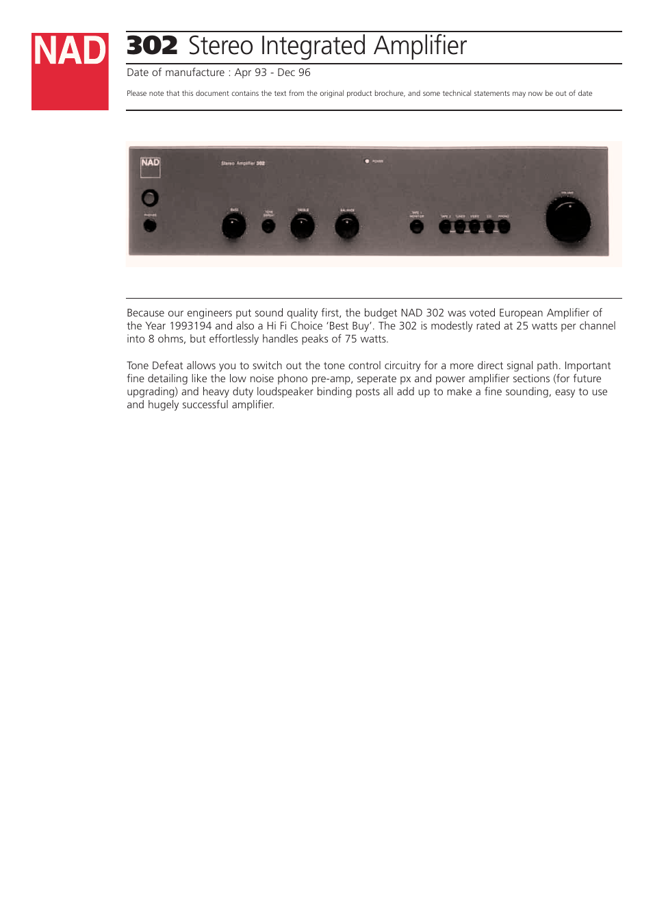 NAD 302 User Manual | 2 pages