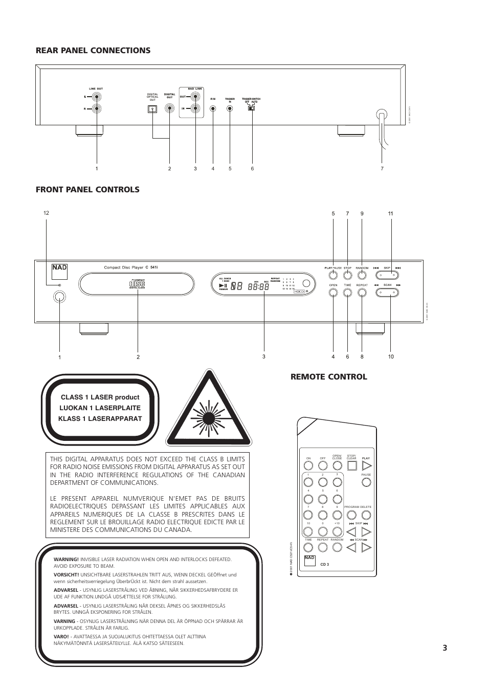 3front panel controls rear panel connections, Remote control | NAD C541i User Manual | Page 3 / 10