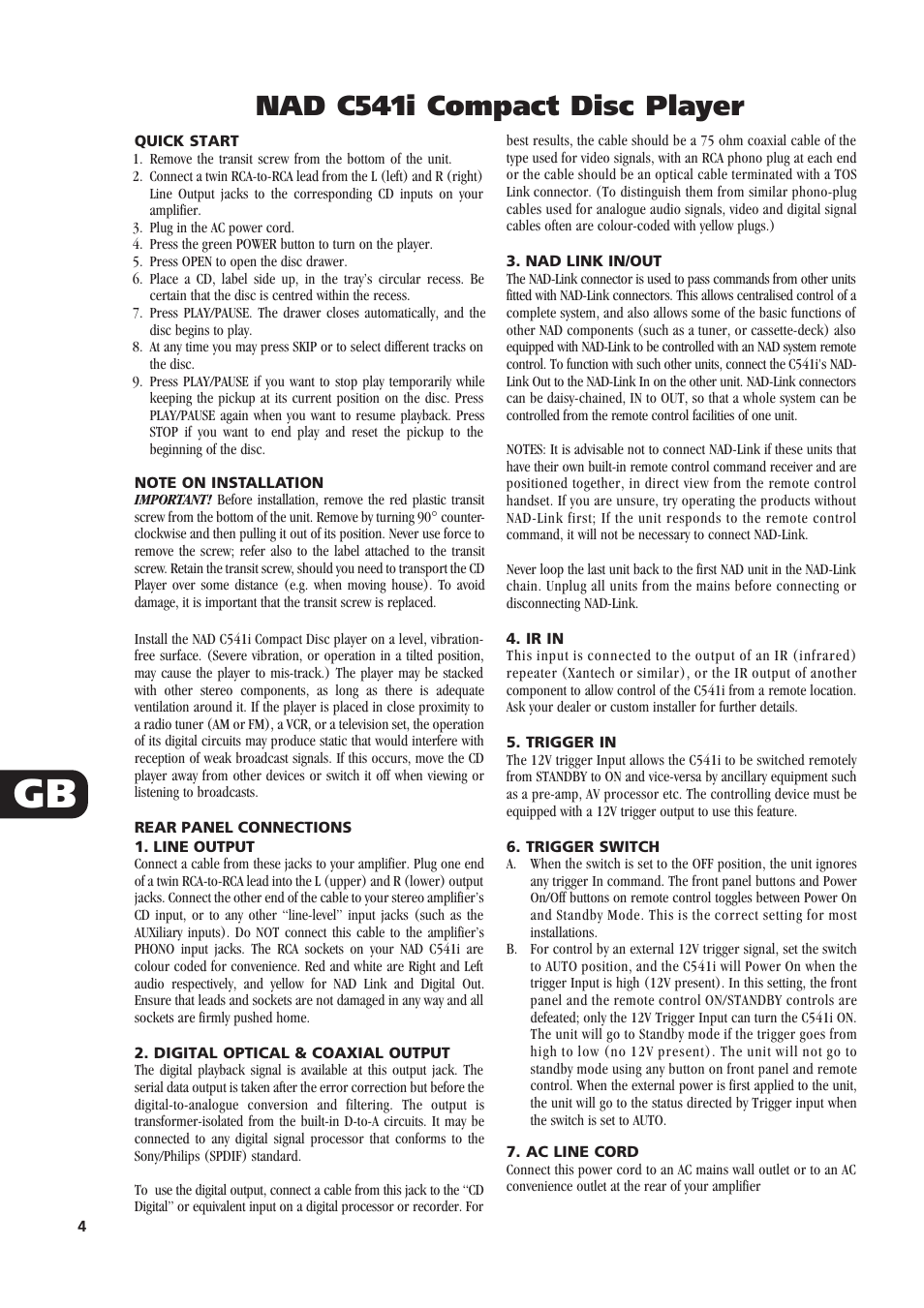 Nad c541i compact disc player | NAD C541i User Manual | Page 4 / 10