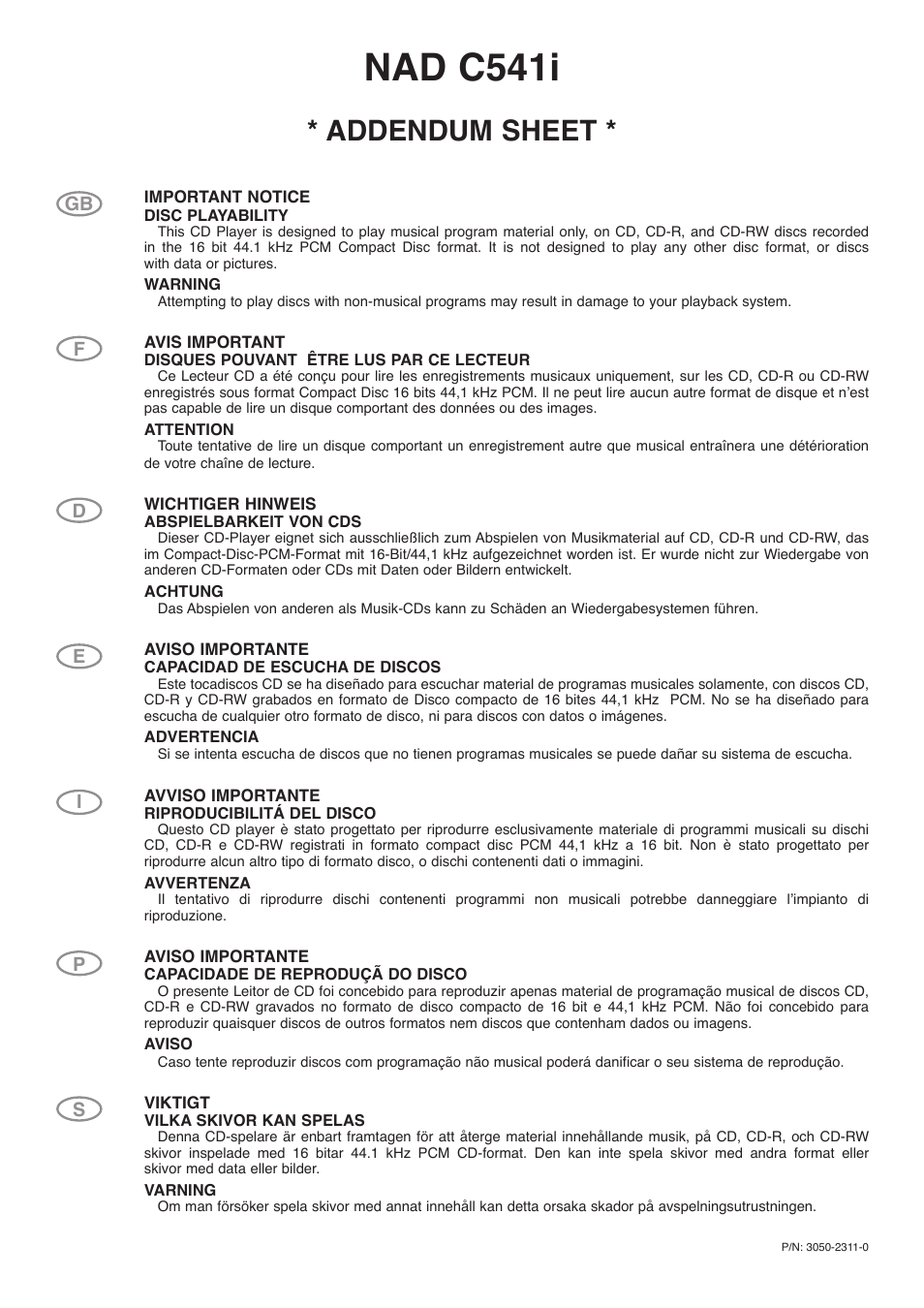 Nad c541i, Addendum sheet | NAD C541i User Manual | Page 9 / 10