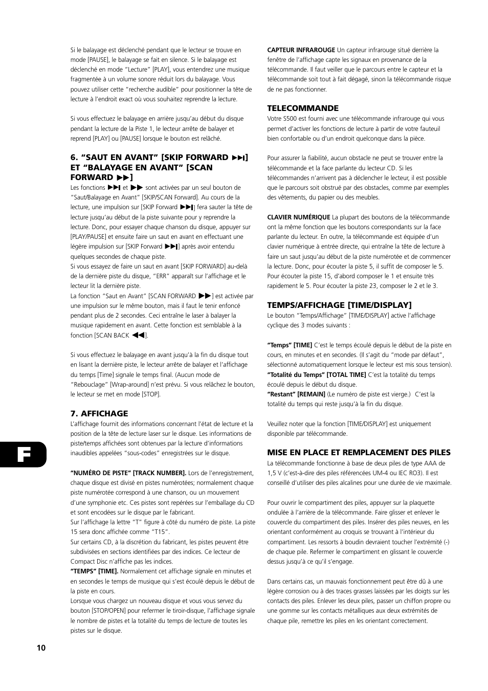 Affichage, Telecommande, Temps/affichage [time/display | Mise en place et remplacement des piles | NAD S500 User Manual | Page 10 / 32