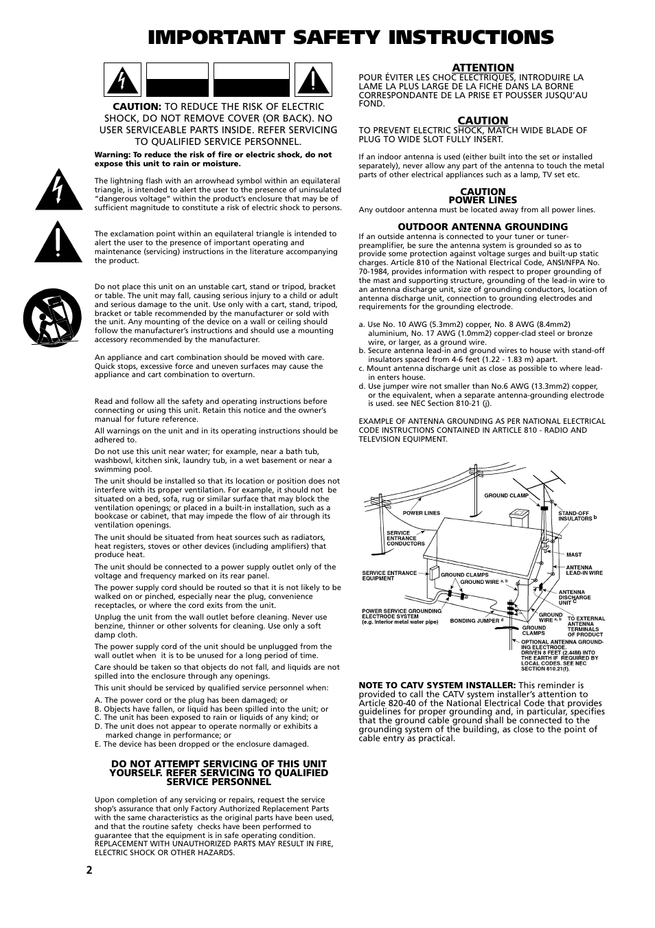 Important safety instructions, Attention, Caution | NAD S500 User Manual | Page 2 / 32