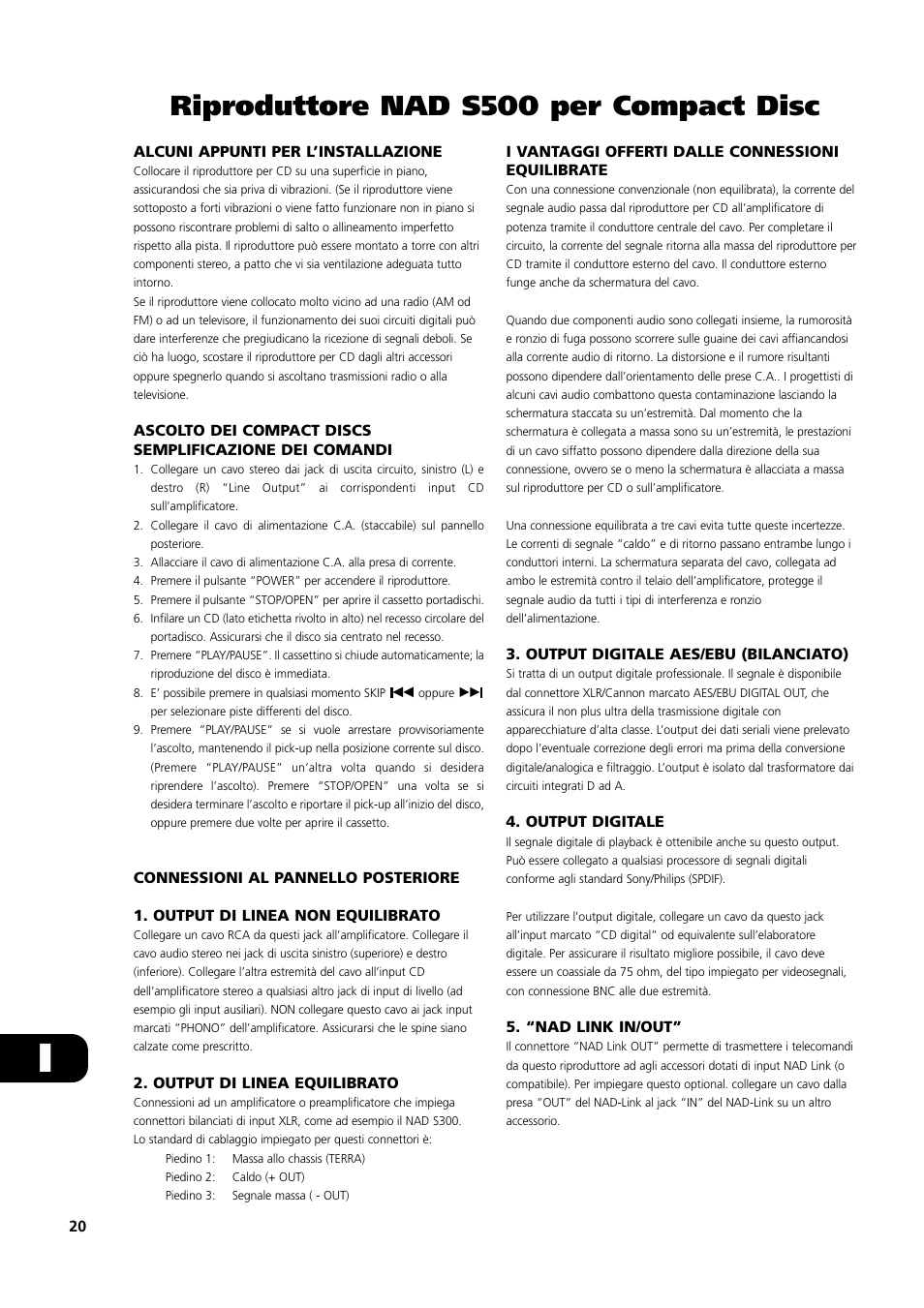 Riproduttore nad s500 per compact disc | NAD S500 User Manual | Page 20 / 32