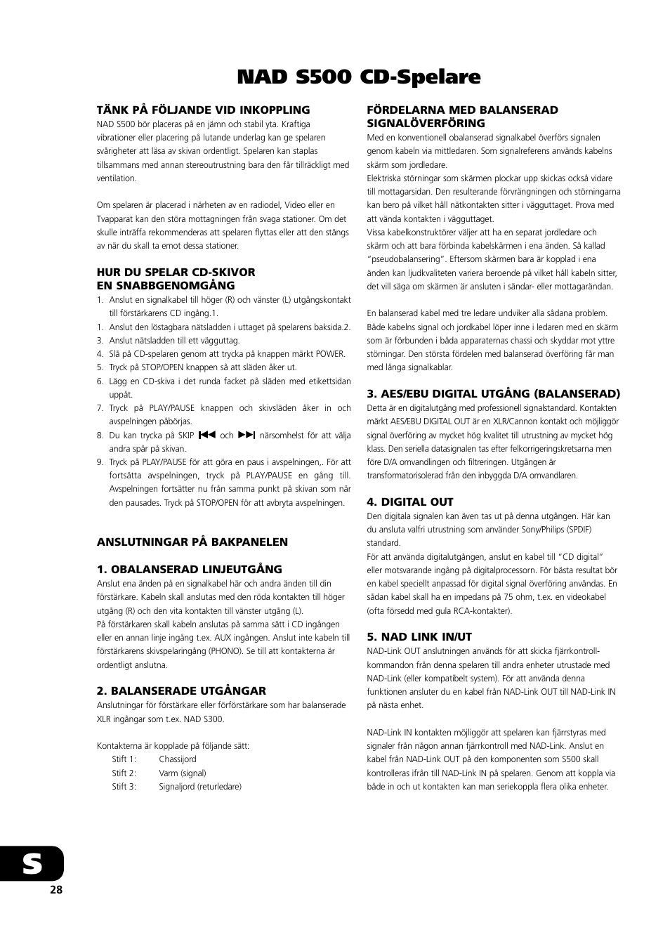 Nad s500 cd-spelare | NAD S500 User Manual | Page 28 / 32