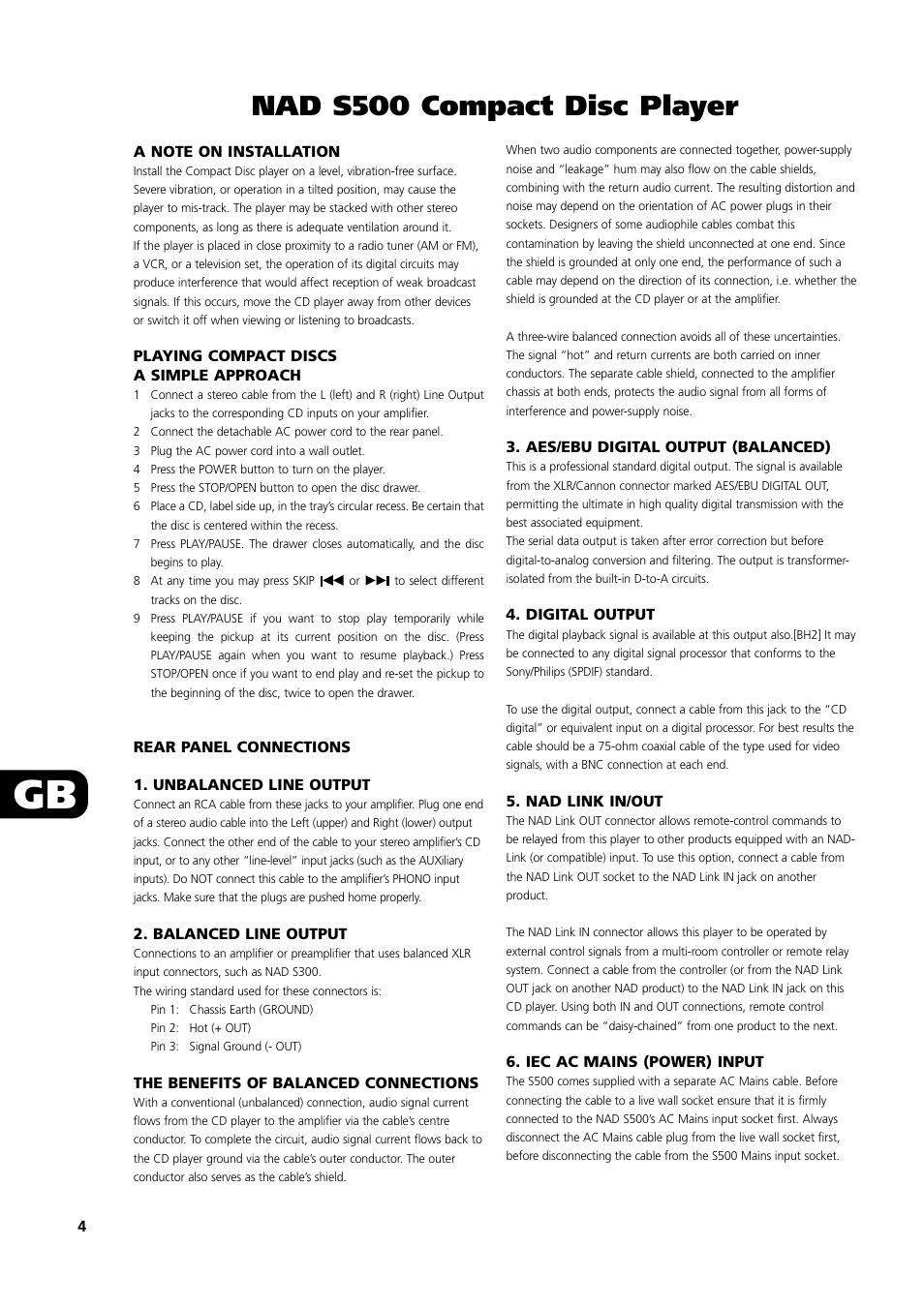 Nad s500 compact disc player | NAD S500 User Manual | Page 4 / 32