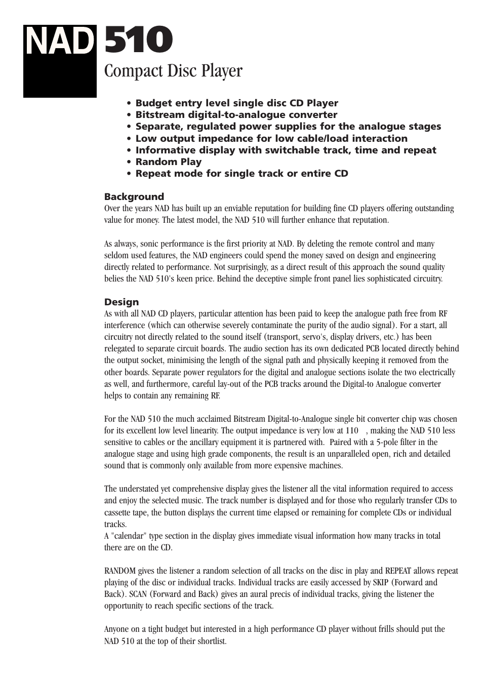 NAD 510 User Manual | 2 pages