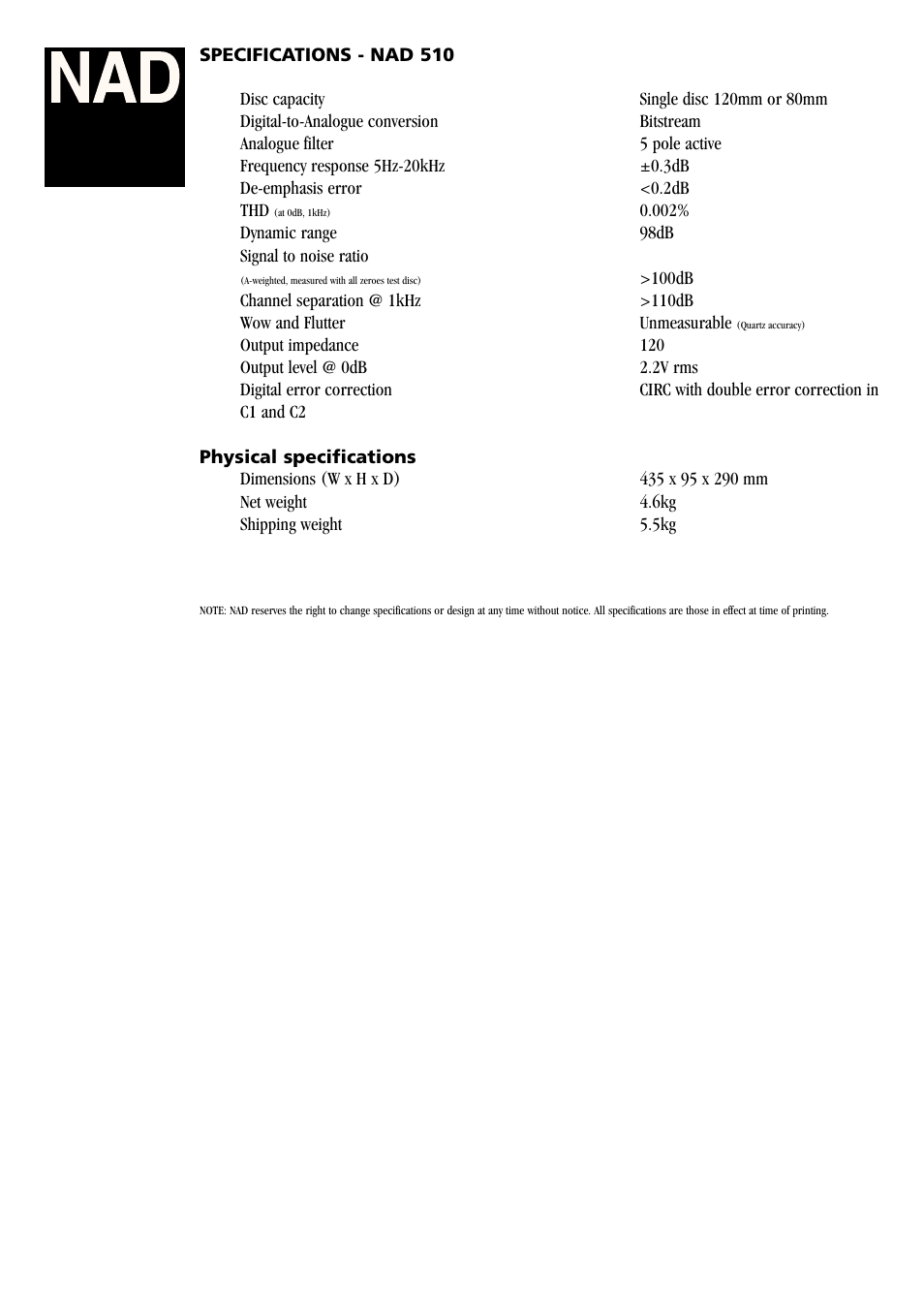 NAD 510 User Manual | Page 2 / 2