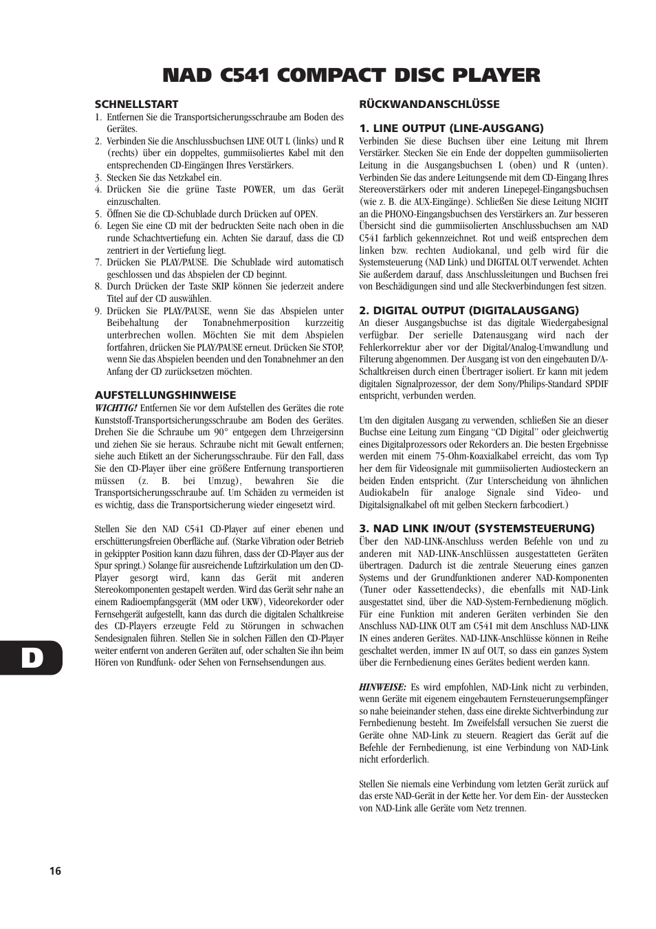 Nad c541 compact disc player | NAD C541 User Manual | Page 16 / 46