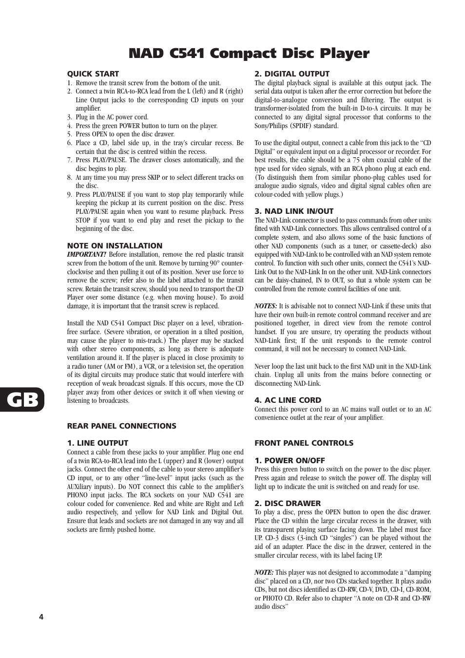 Nad c541 compact disc player | NAD C541 User Manual | Page 4 / 46