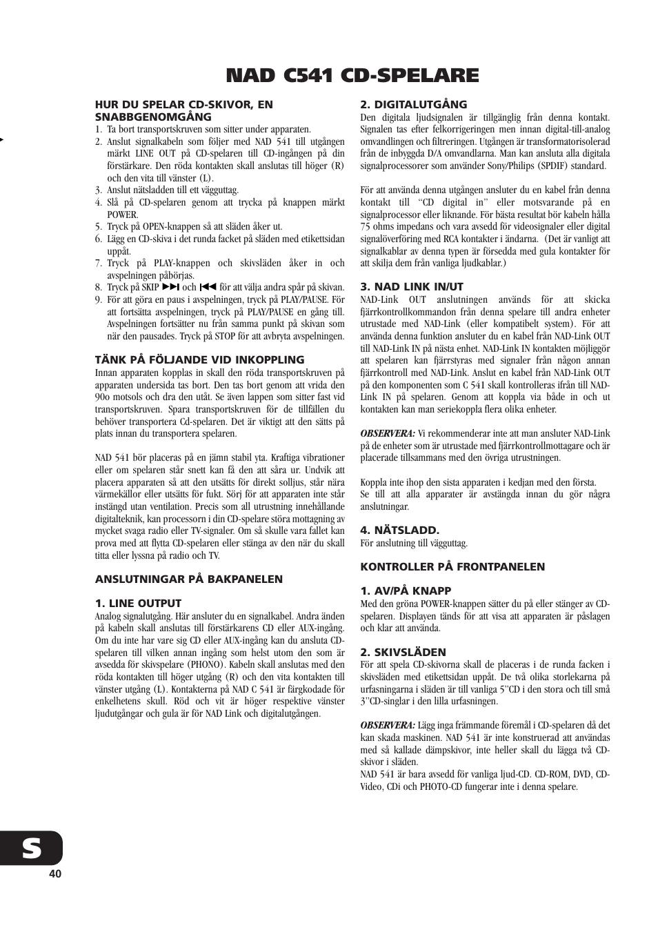 Nad c541 cd-spelare | NAD C541 User Manual | Page 40 / 46