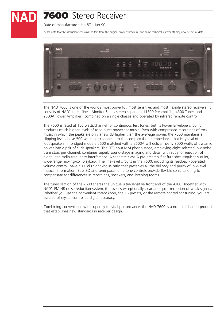 NAD 7600 User Manual | 3 pages
