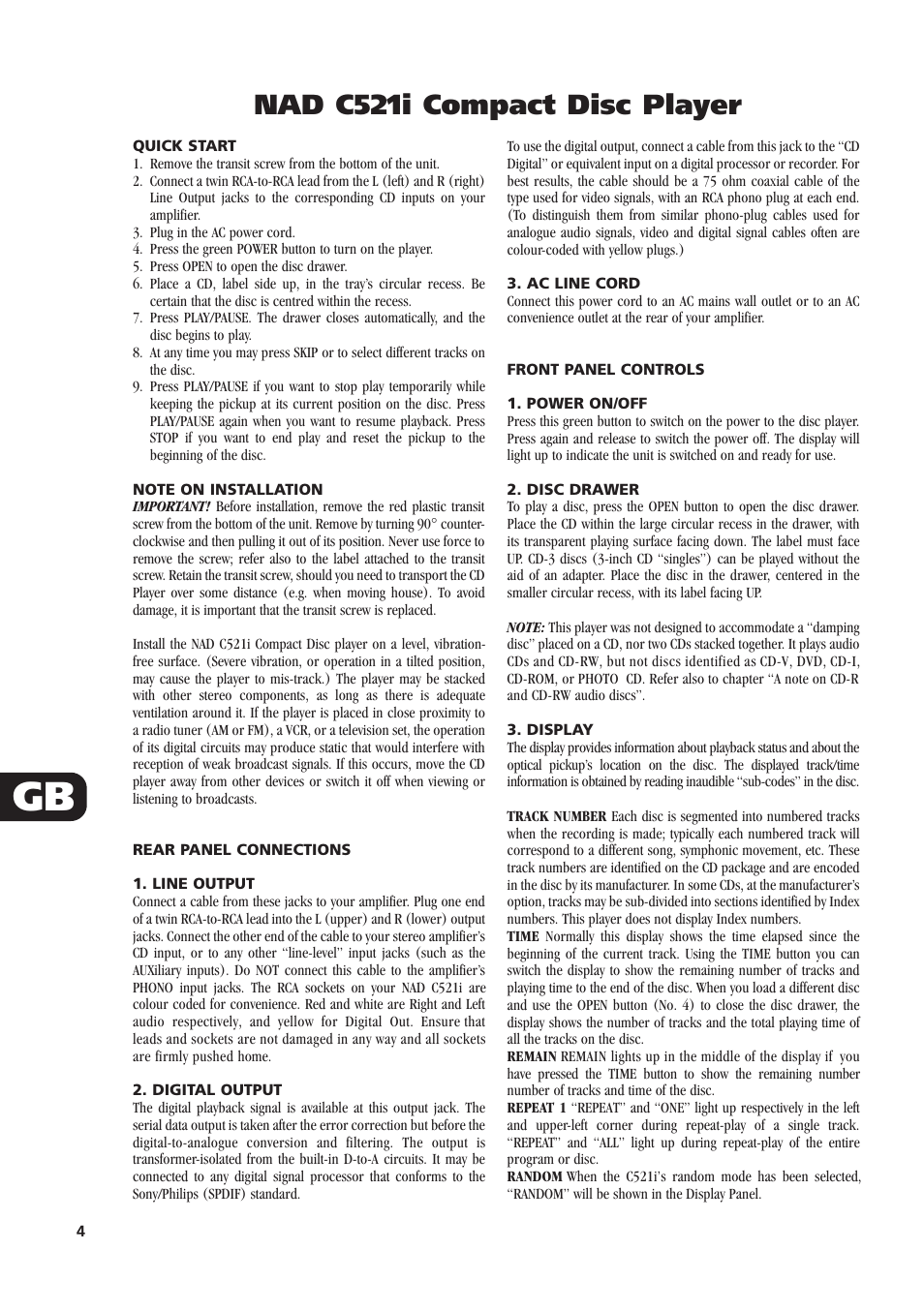 Nad c521i compact disc player | NAD C521i User Manual | Page 4 / 45