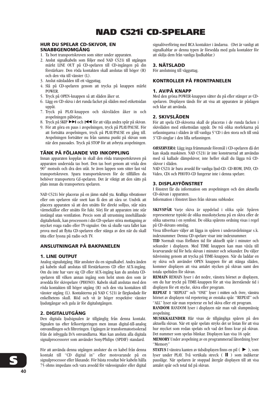 Nad c521i cd-spelare | NAD C521i User Manual | Page 40 / 45