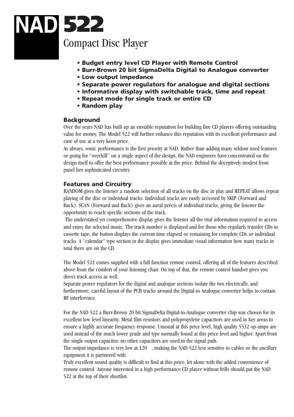 NAD 522 User Manual | 2 pages