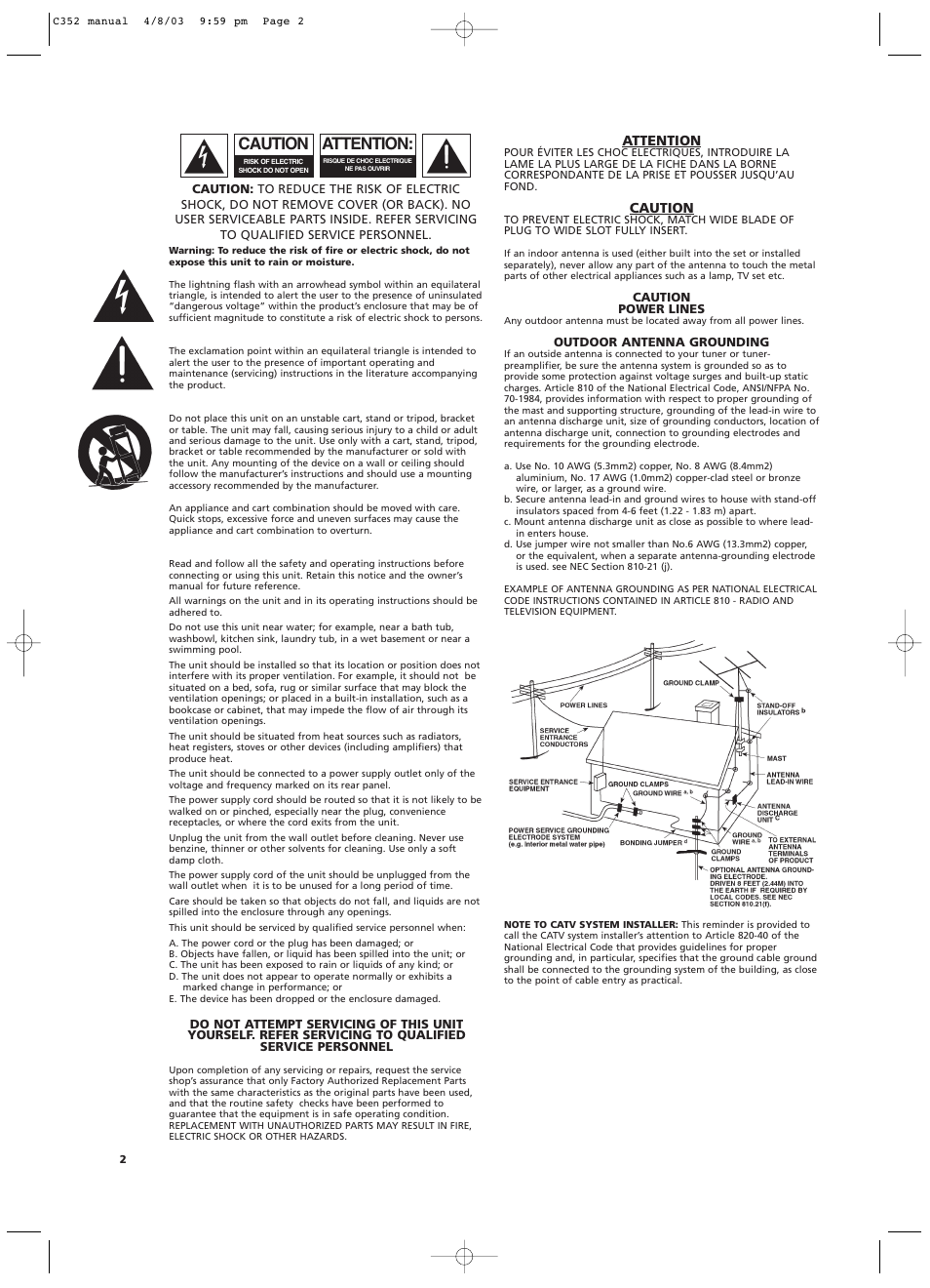 Caution, Attention, Important safety instructions | NAD C 352 User Manual | Page 2 / 62