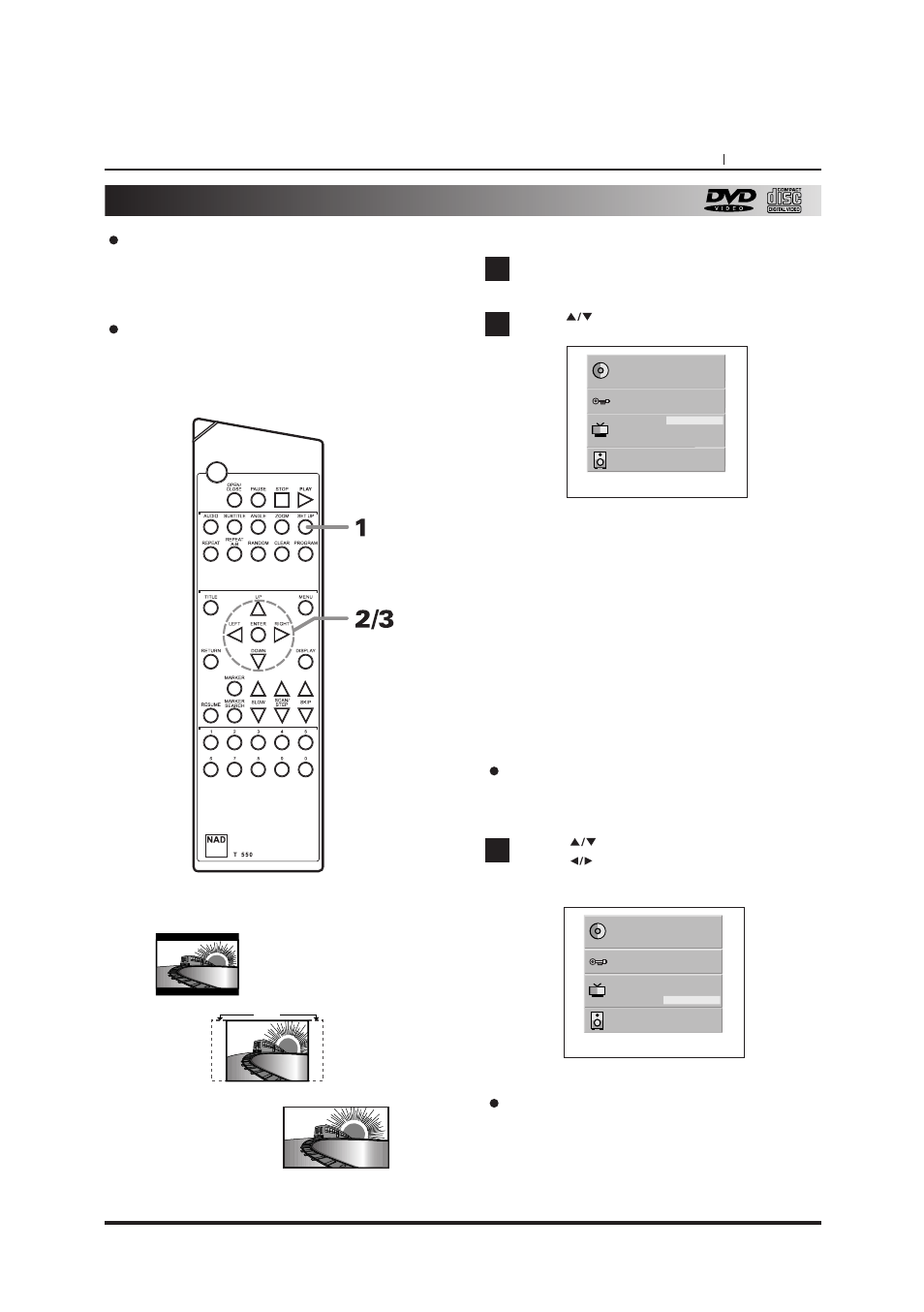 Selecting display mode, Page 33 initial setup operation, Selecting fld brightness | At the set up screen, Press return or setup button | NAD T550DVD User Manual | Page 33 / 40