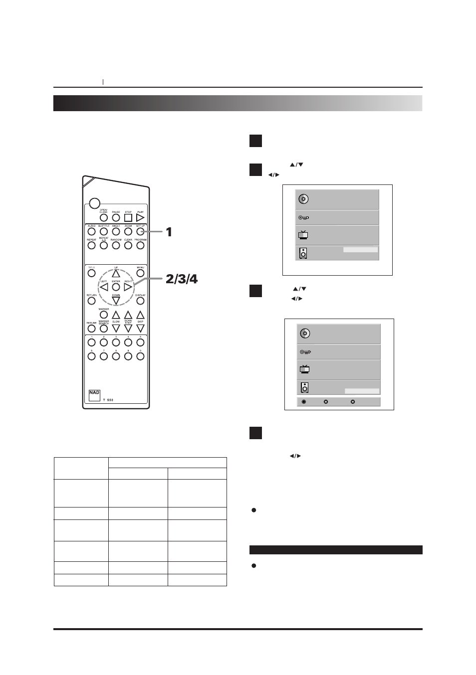 Selecting audio output, Page 34 initial setup operation, At the set up screen | NAD T550DVD User Manual | Page 34 / 40