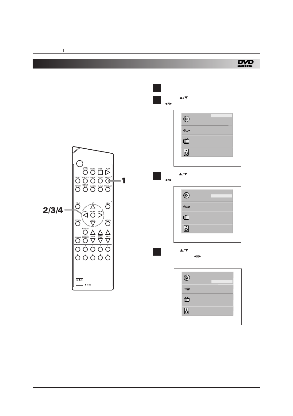 Selecting disc language (dvd only), Page 36 initial setup operation, At the set up screen | NAD T550DVD User Manual | Page 36 / 40