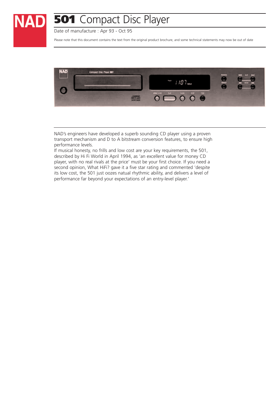 NAD 501 User Manual | 2 pages