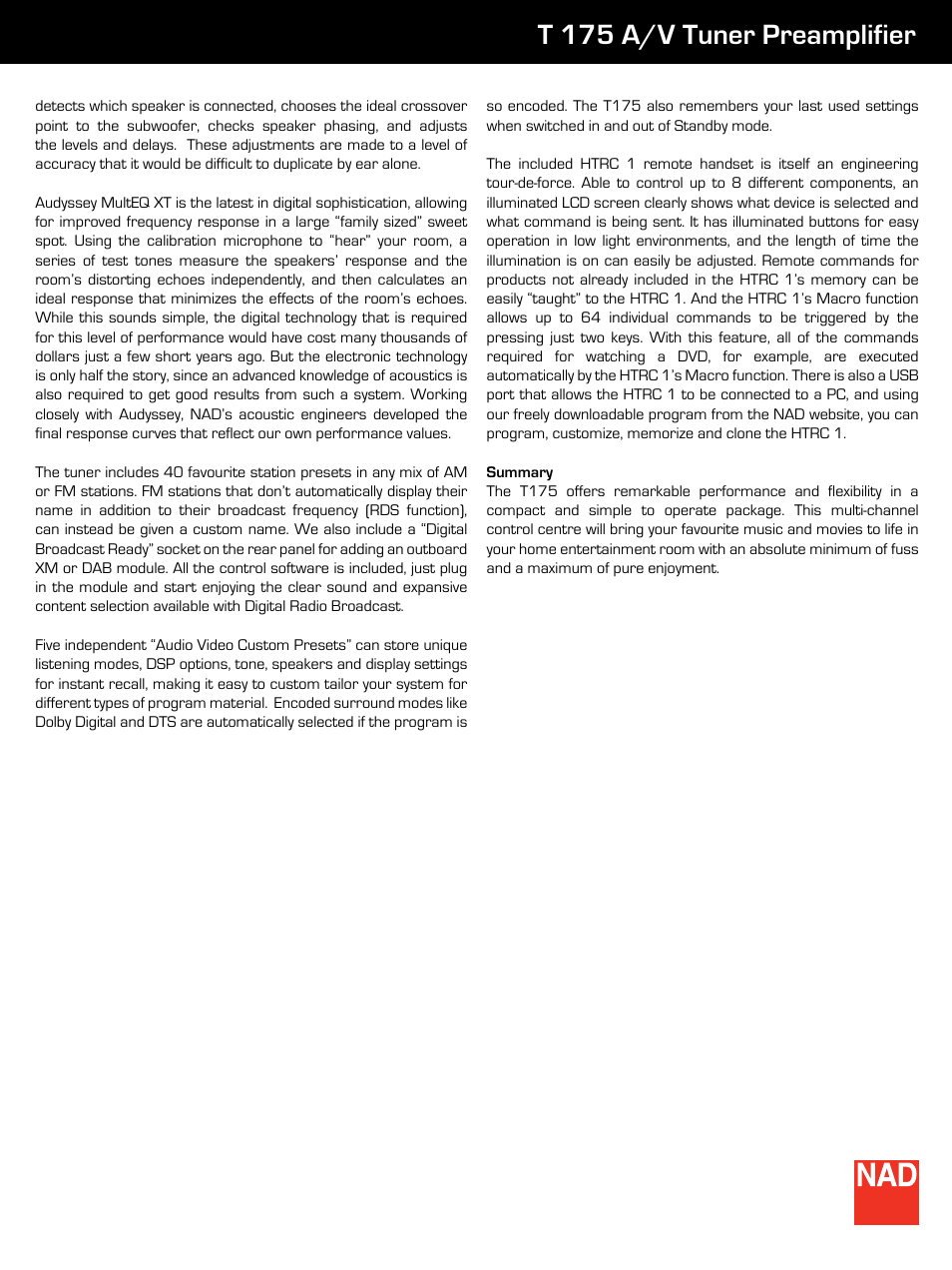 T 175 a/v tuner preamplifier | NAD T175 User Manual | Page 3 / 4